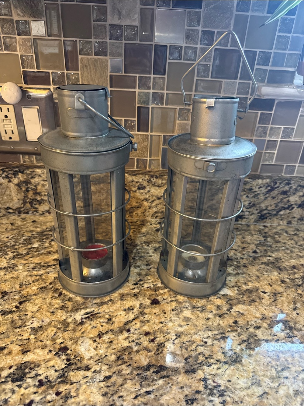Vintage Nautical Silver Metal Lantern Candle Holders - Set of 2
